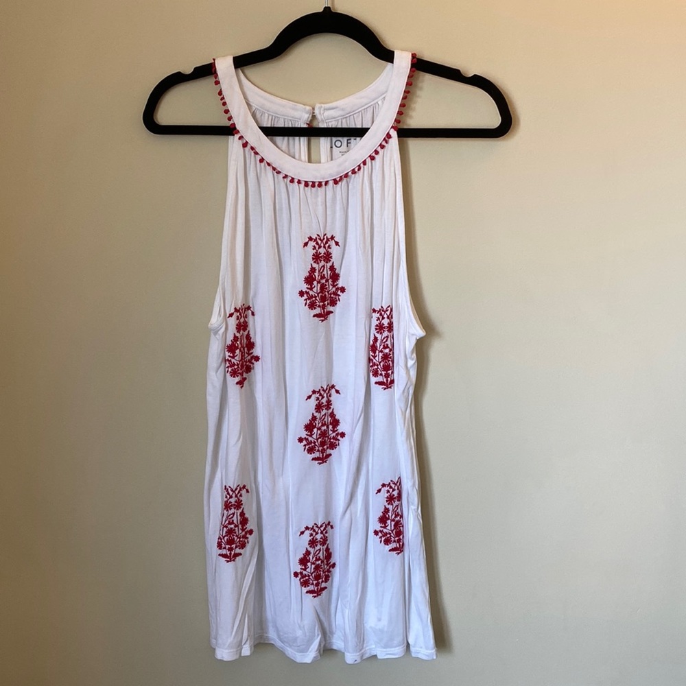 Ann Taylor Loft white tank with red embroidery details